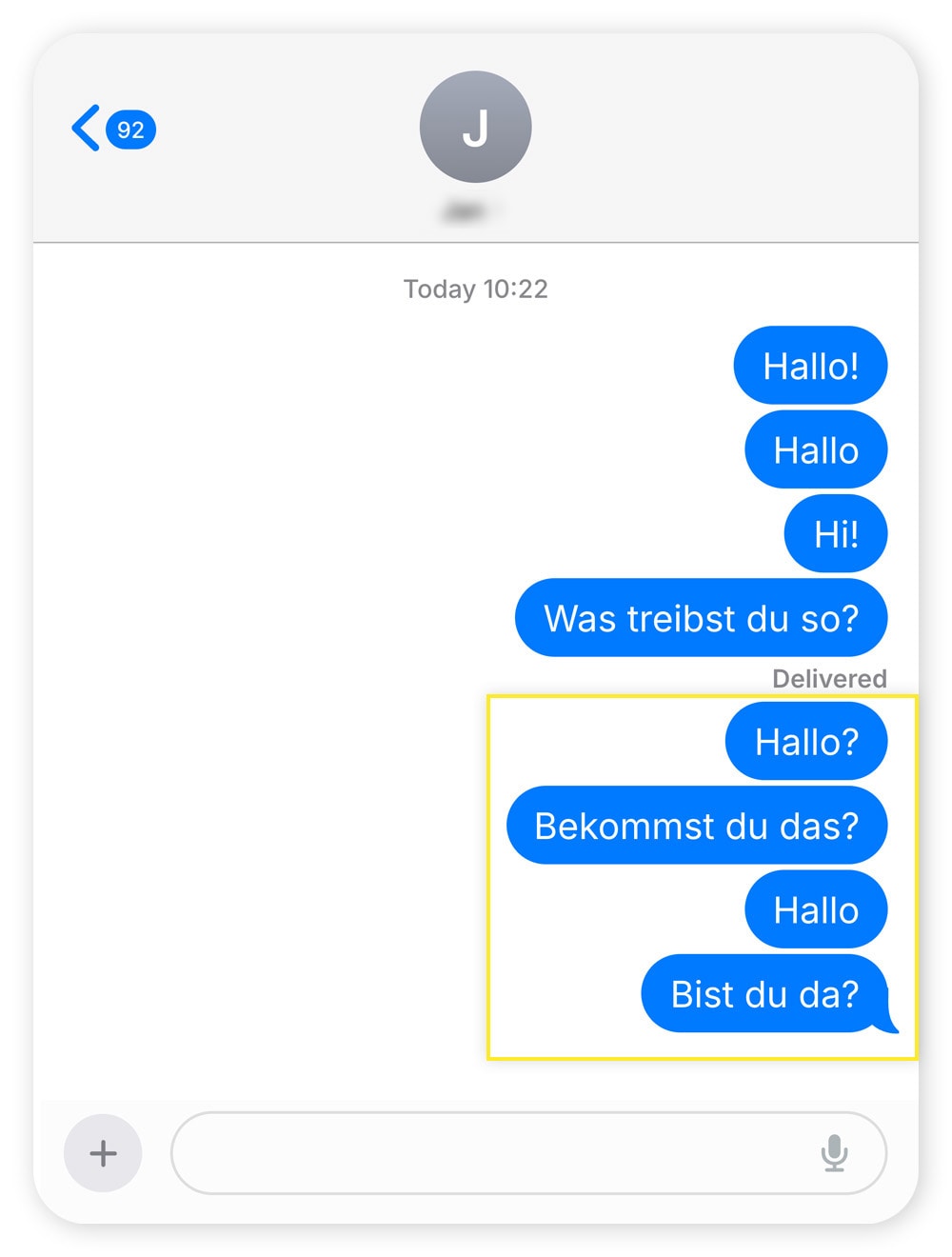 Screenshot von iMessages, die nicht zugestellt werden, weil der Absender blockiert wurde.