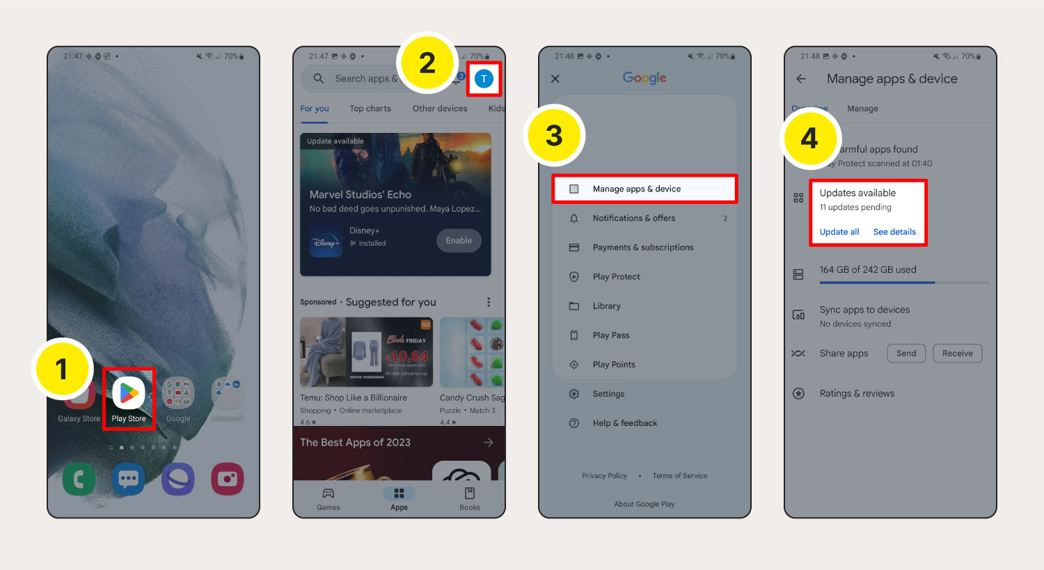 Screenshot zur Aktualisierung von Apps und Installation von Software-Updates auf Android