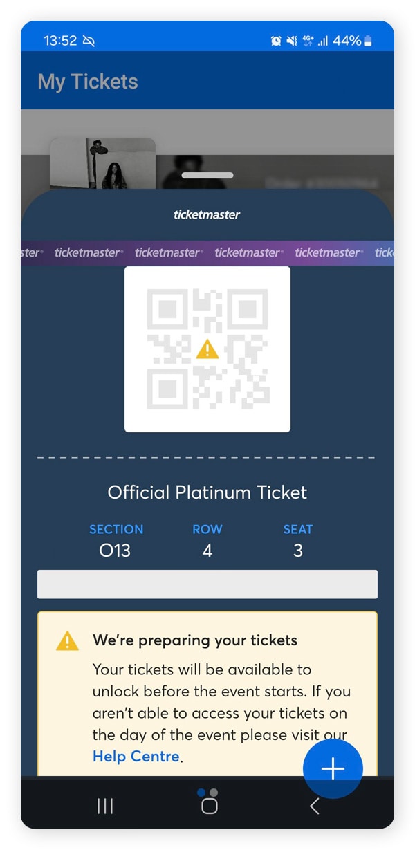 Beispiele eines gesperrten Tickets in der Ticketmaster-App. Dies hilft, Ticketmaster-Betrug zu verhindern.