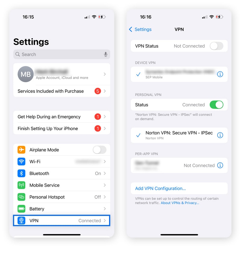 Screenshots, die zeigen, wie man das VPN in den iPhone-Einstellungen überprüft