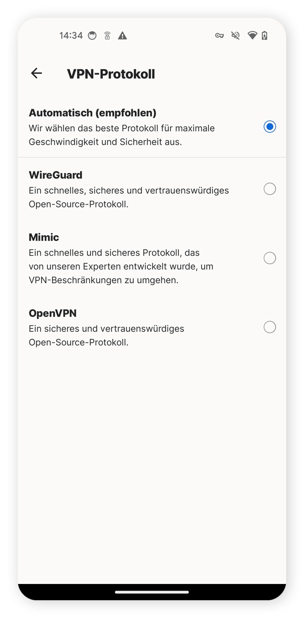 Ein Screenshot der Protokolleinstellungen in Norton VPN.