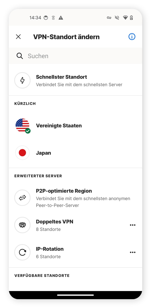 Ein Screenshot der VPN-Serveroptionen in Norton VPN.