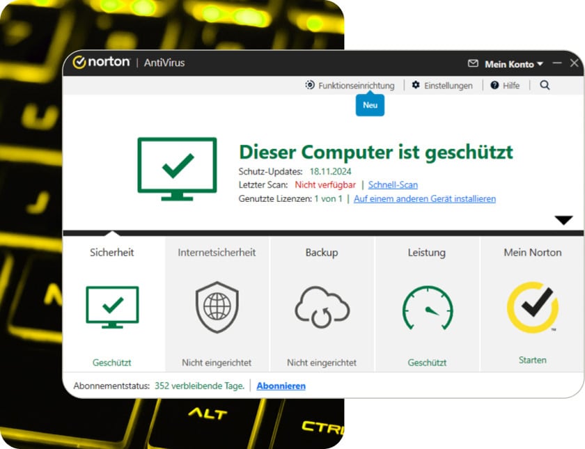  Haupt-Dashboard von Norton AntiVirus Plus mit der Meldung, dass das Gerät, auf dem es installiert ist, geschützt ist.