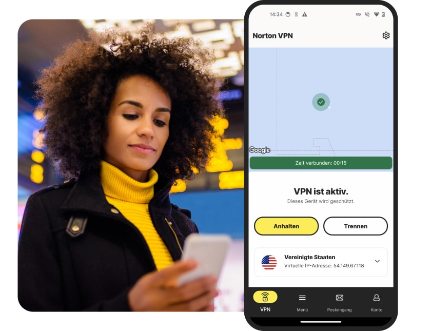 Norton VPN für Android verbunden mit einem VPN-Server in den USA.