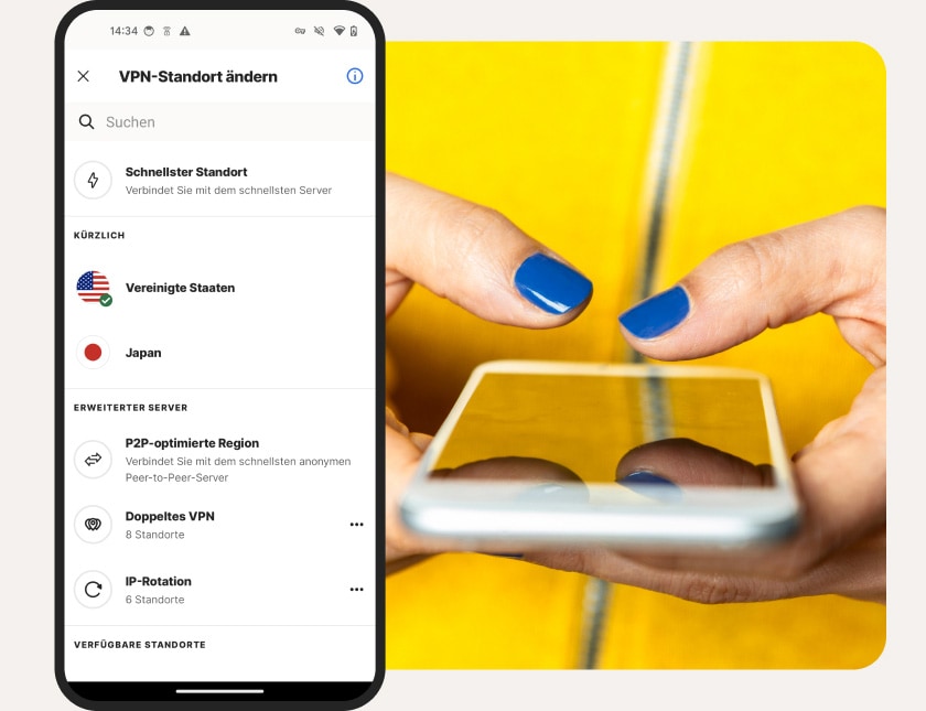 Eine Liste mit verfügbaren Serverstandorten von Norton VPN für Android.