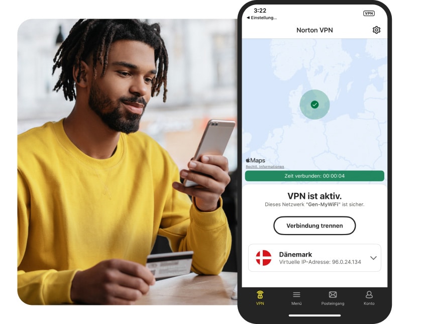 Norton VPN für iOS verbunden mit einem VPN-Server in Dänemark.