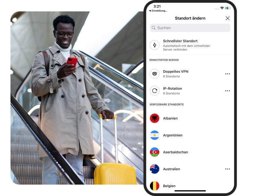 Eine Liste mit verfügbaren Serverstandorten von Norton VPN für iOS.