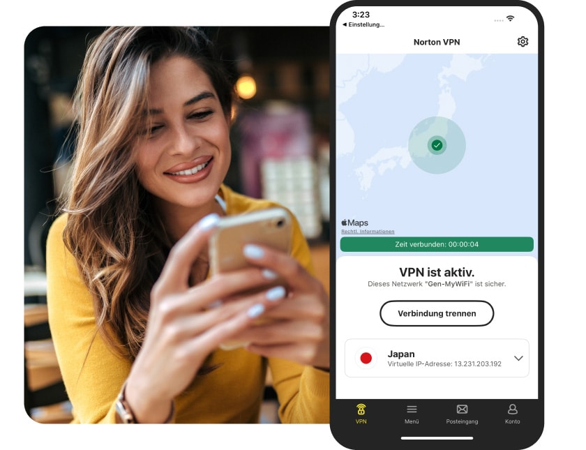 Norton VPN für iOS verbunden mit einem VPN-Server in Japan.