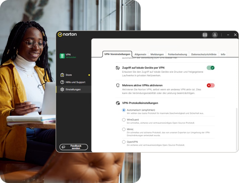 VPN-Einstellungen in der Norton VPN-App für den PC.