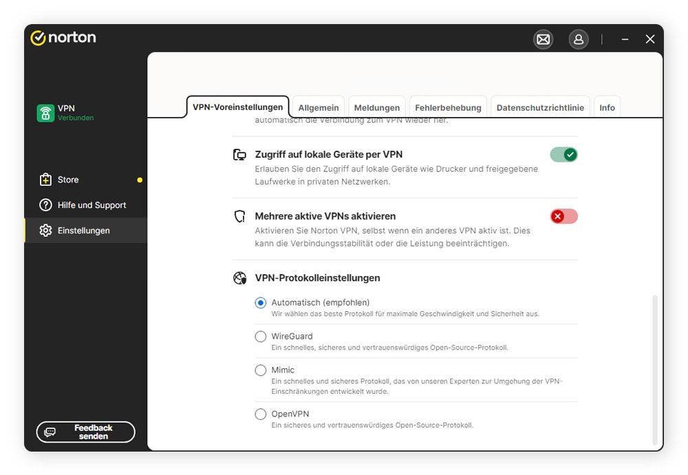 Einstellungen zur Auswahl des VPN-Protokolls in der Norton VPN App.