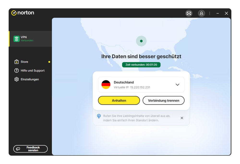Die Norton VPN Desktop-App zeigt eine aktive VPN-Verbindung.
