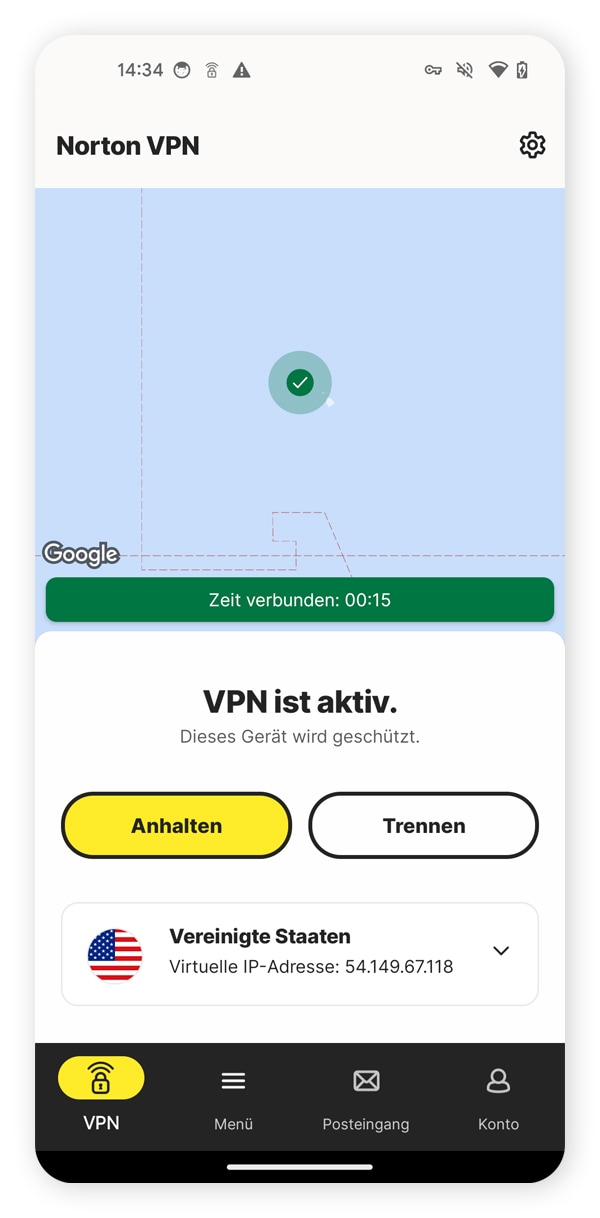 Die Norton VPN-App auf einem Telefon; sie zeigt an, dass sie mit einem Serverstandort in den USA verbunden ist.