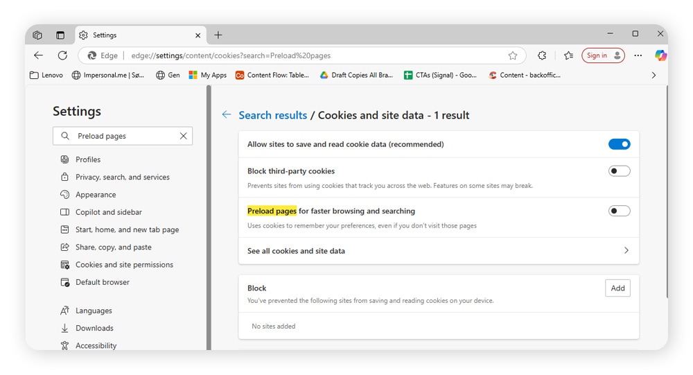 Um das Prefetching in Microsoft Edge zu verhindern, deaktivieren Sie "Seiten für schnelleres Surfen und Suchen vorab laden".