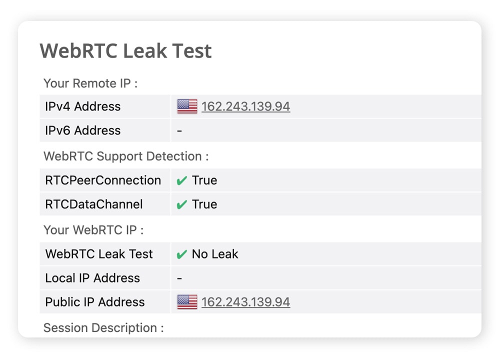 Ergebnisse des WebRTC-Leck-Tests auf browserleaks.com