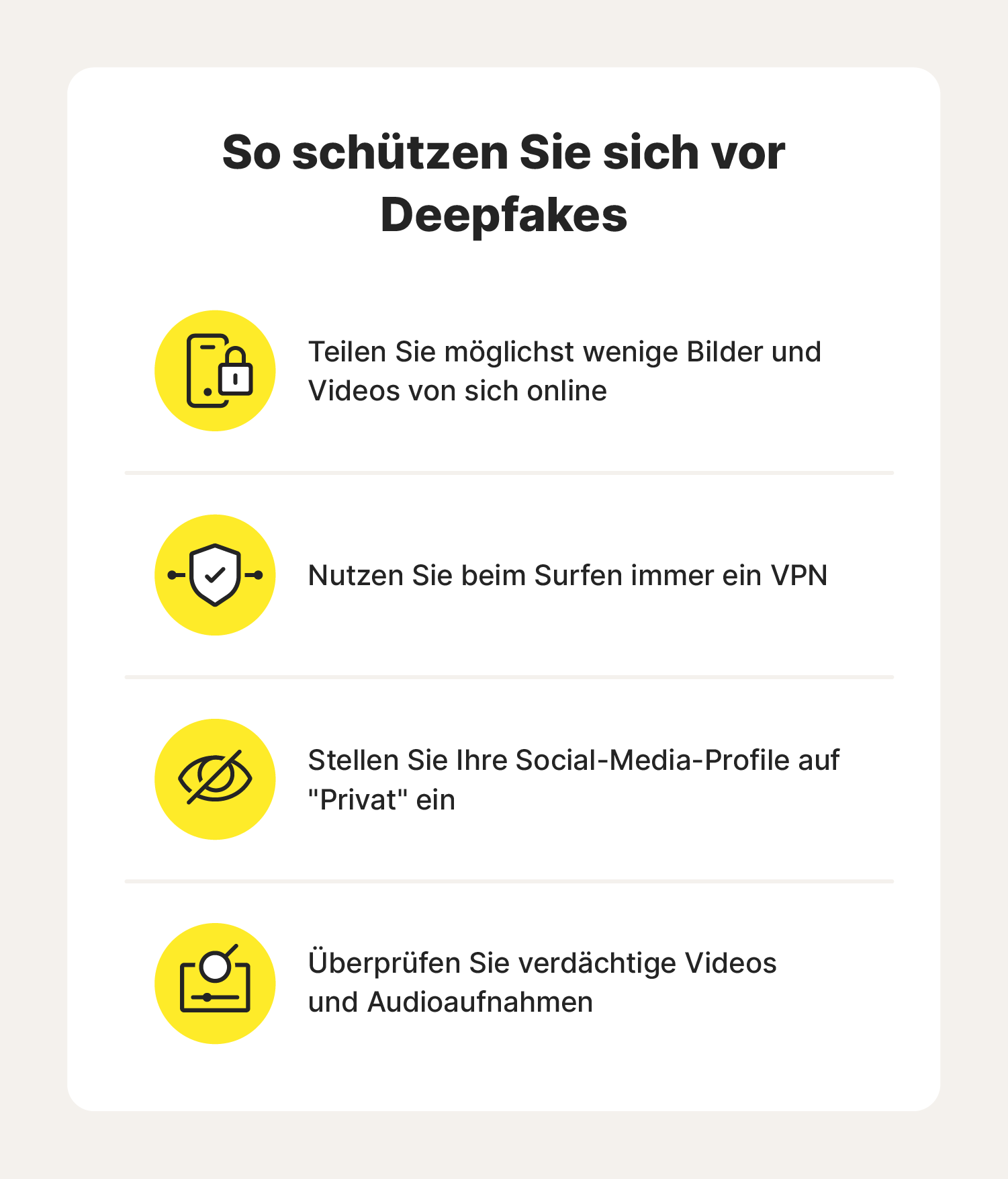 Diagramm mit Informationen, wie Sie sich vor Deepfakes schützen können.
