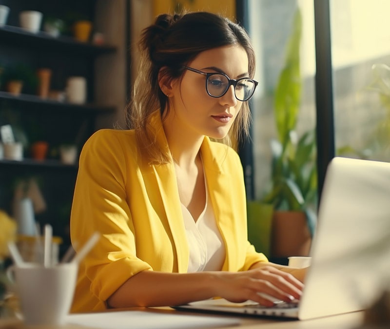Eine junge Frau sitzt an einem Laptop und liest einen Artikel über Computerviren