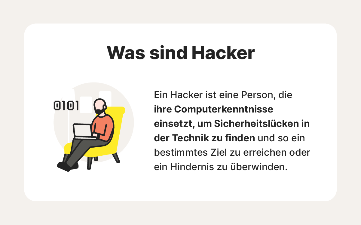 Abbildung einer Person an einem Laptop begleitet die Definition eines Hackers.