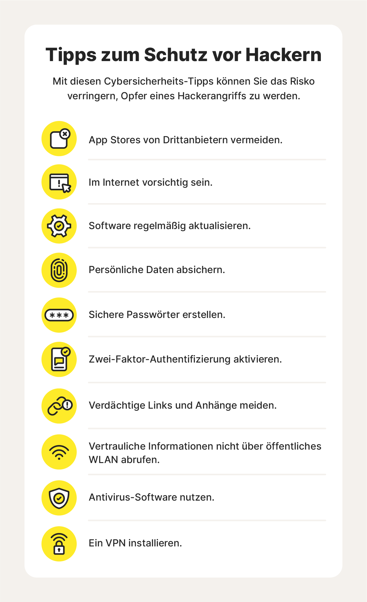 Grafik mit Tipps zum Schutz vor Hackern.
