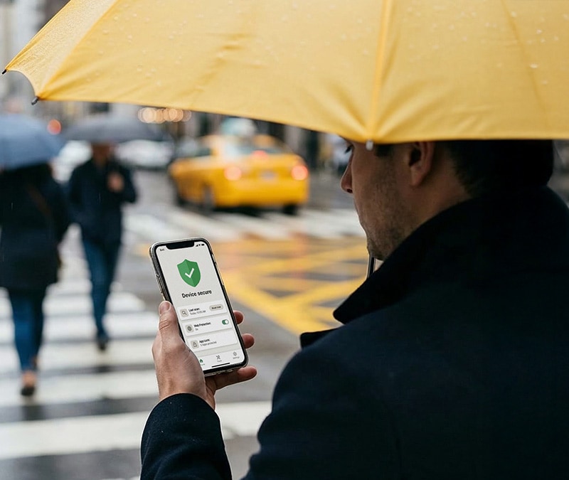 Ein Mann mit Regenschirm geht eine Straße entlang und überprüft seine Cybersicherheits-App.