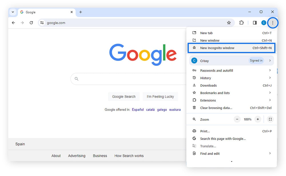 Screenshot des Google Chrome-Menüs "Neues Inkognito-Fenster".