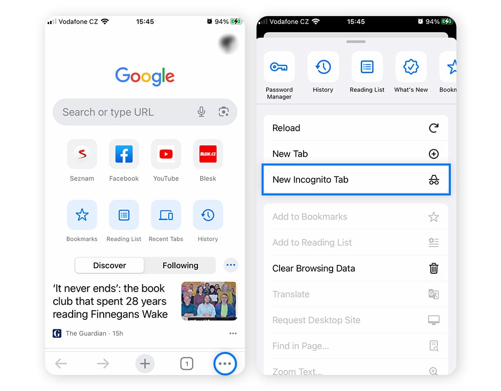 Screenshot des Google Chrome-Menüs "Neues Inkognito-Fenster" auf einem Smartphone.