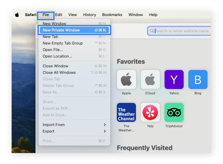 Screenshot des Safari-Menüs "Neues Inkognito-Fenster".