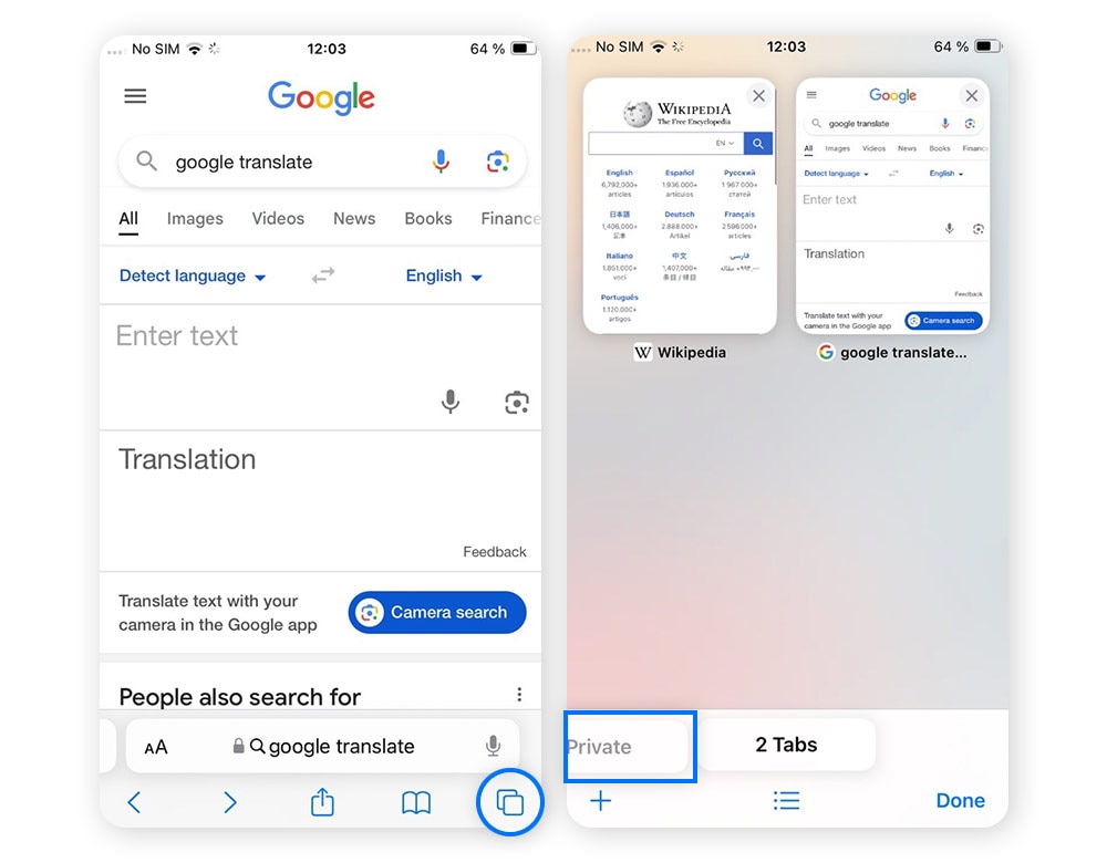 Screenshot des Safari-Menüs "Neues Inkognito-Fenster" auf einem iPhone.