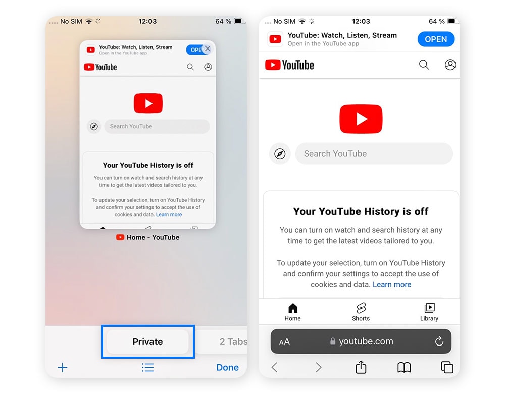 Screenshot der YouTube-Website im Inkognito-Fenster in Safari.