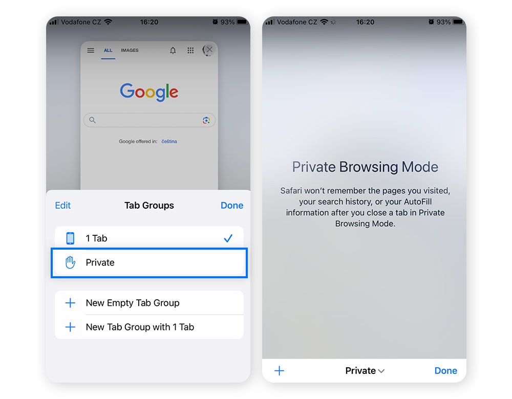 Screenshot privater Tab-Kategorien in Safari.