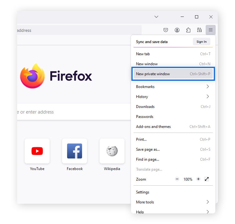 Screenshot des Mozilla Firefox-Menüs "Neues privates Fenster".