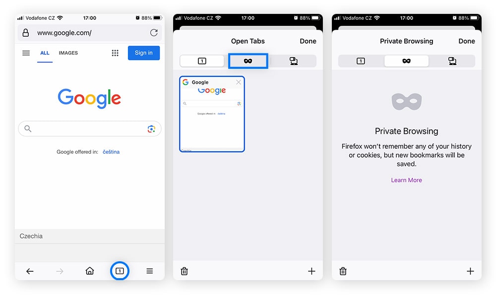 Screenshot des Mozilla Firefox-Menüs "Neues privates Fenster" auf einem Smartphone.