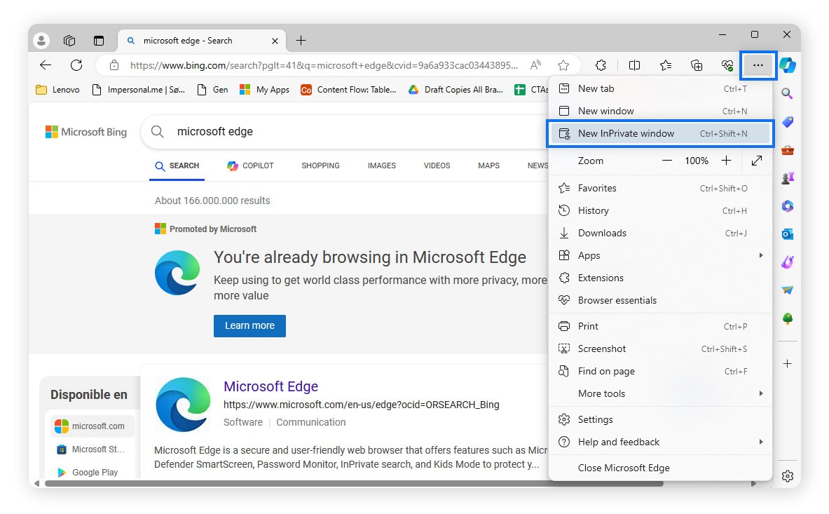 Screenshot des Edge-Menüs "Neues InPrivate-Fenster".