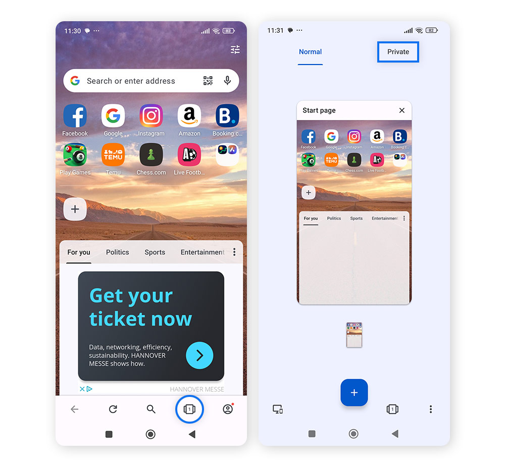 Screenshot des Opera-Menüs "Neuer privater Tab" auf einem Smartphone.