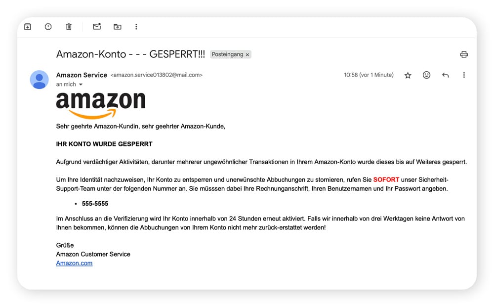 Ein Beispiel für eine E-Mail, die Phishing verwendet, um einen Social-Engineering-Angriff durchzuführen.