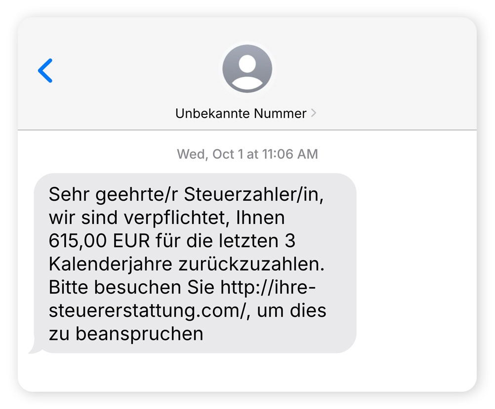 Ein Beispiel für einen Pretexting-Angriff, bei dem eine angebliche Steuerrückerstattung in Aussicht gestellt wird.