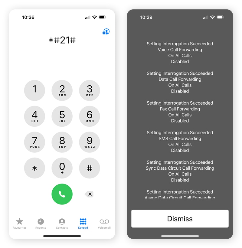 Screenshots: Display bei Eingabe des Codes *#21# auf einem iPhone
