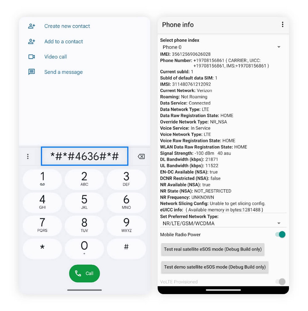Zwei Screenshots mit dem Display bei Eingabe von *#*#4636#*#* auf einem Android-Gerät.