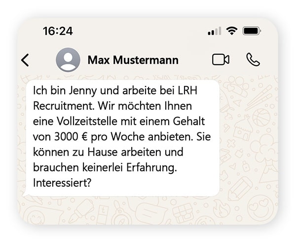 Ein Chat-Austausch, der einen WhatsApp-Job-Betrug veranschaulicht.
