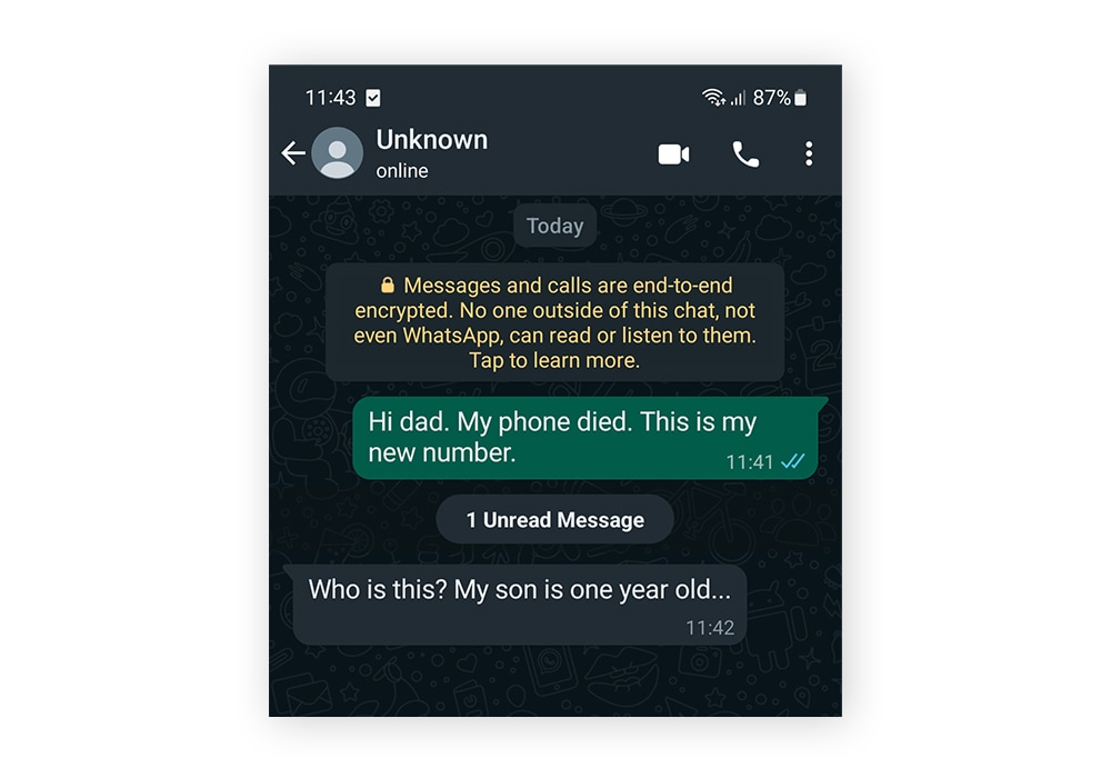 Beispiel für den WhatsApp-Scam "Geliebte Person in Nöten" mit einer Nachricht von einer unbekannten Nummer, deren Absender sich als Verwandter ausgibt