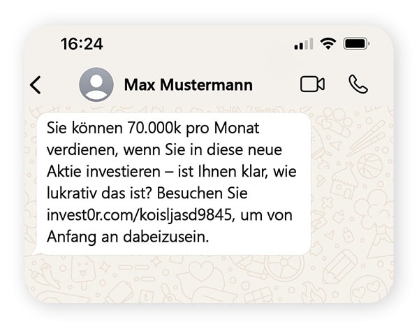 Ein Chat-Austausch, der einen WhatsApp-Anlage-Betrug veranschaulicht.