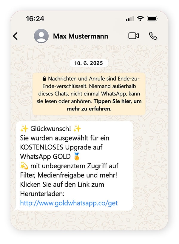 Ein Chat-Austausch, der einen WhatsApp Gold-Betrug veranschaulicht.