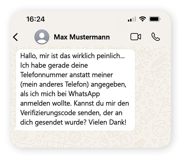 Ein Chat-Austausch, der einen WhatsApp-Verifizierungscode-Betrug veranschaulicht.