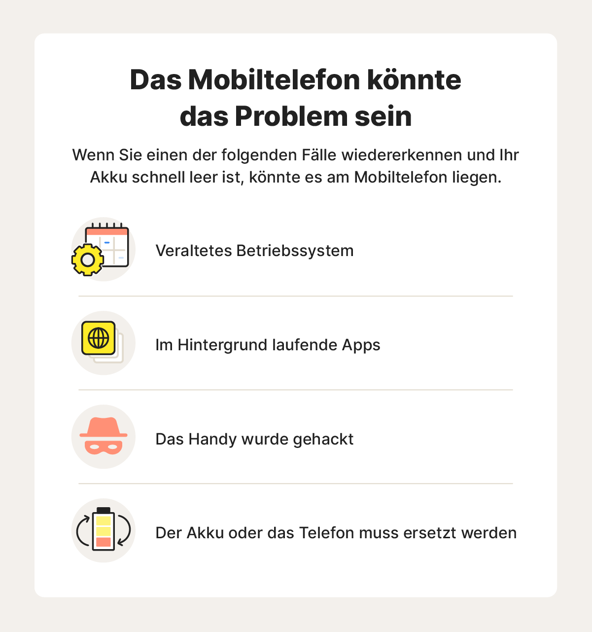 Ein Bild, das einige der Ursachen aufzeigt, weshalb Ihr Handy so viel Akku verbraucht.