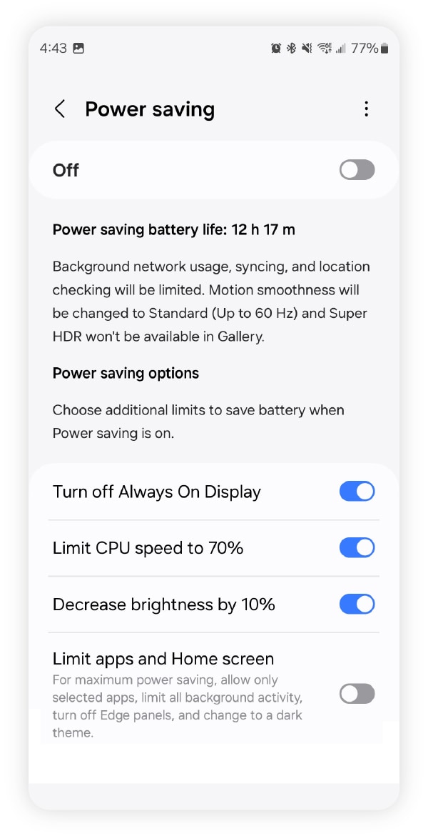 Ein Screenshot der Energiespareinstellungen auf einem Android-Handy.