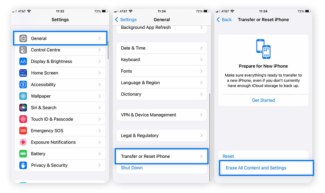 Screenshots: iOS-Einstellungen > Allgemein > iPhone übertragen/zurücksetzen