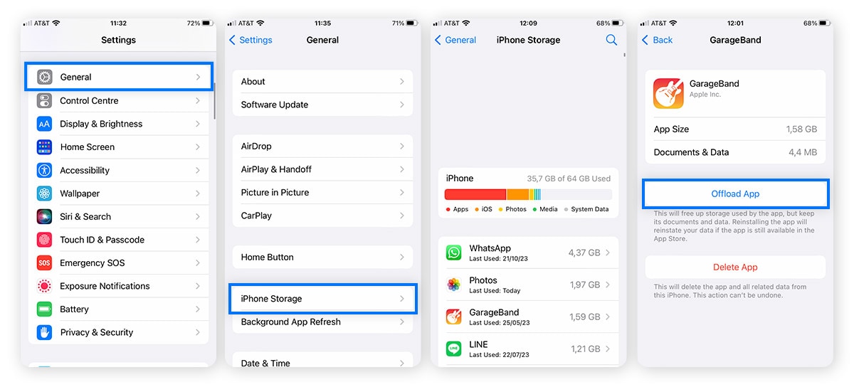 Screenshots: iOS-Einstellungen > Allgemein > iPhone-Speicher > GarageBand