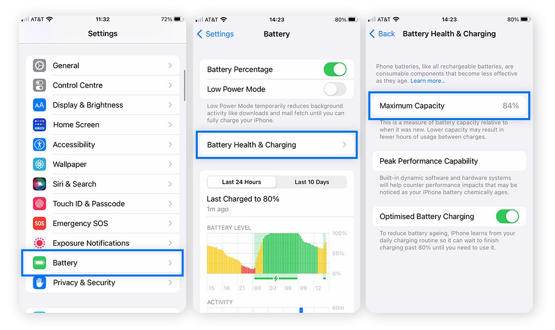 Screenshot: iOS-Einstellungen > Batterie > Batteriezustand & Ladevorgang