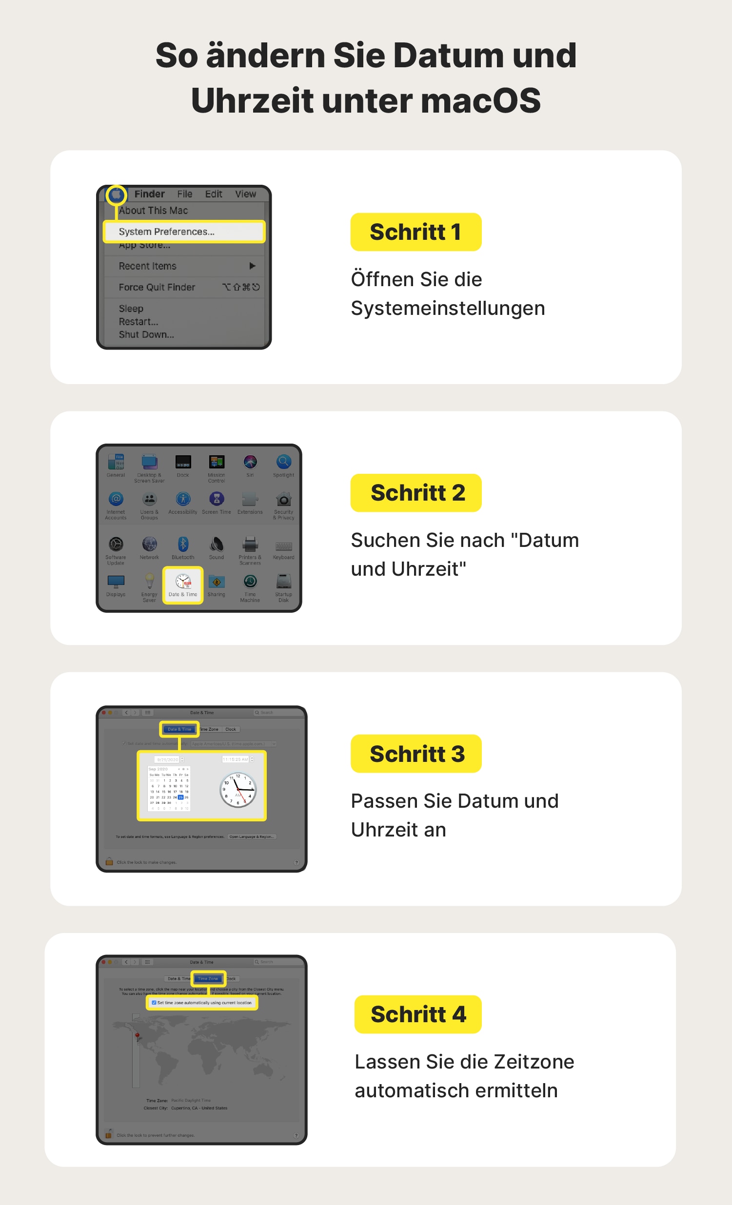 Abbildung: Einstellen von Datum und Uhrzeit unter MacOS