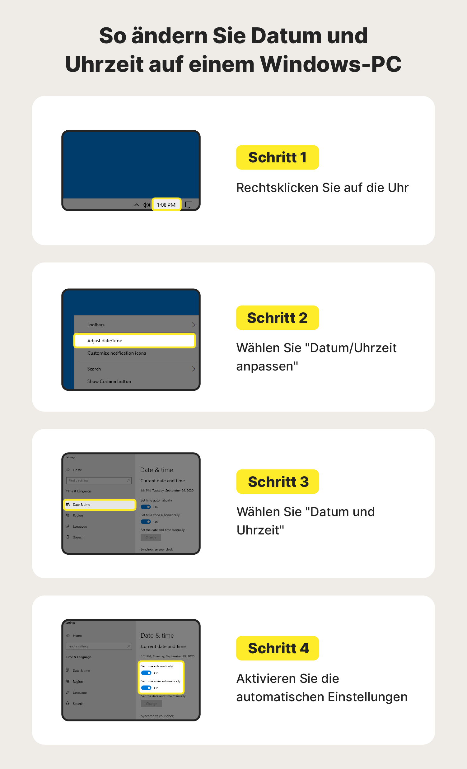 Abbildung: Einstellen von Datum und Uhrzeit auf Windows-PC